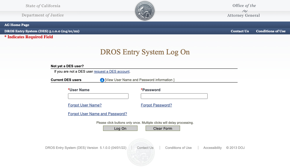 An image of the login page for the DROS system.
