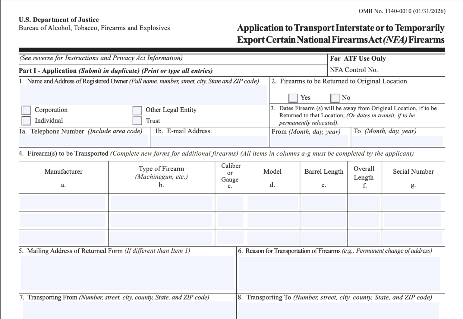 ATF Form 5320.20 | Firearm Transport Application