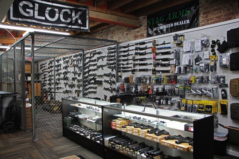 An image of a firearms store's inventory.